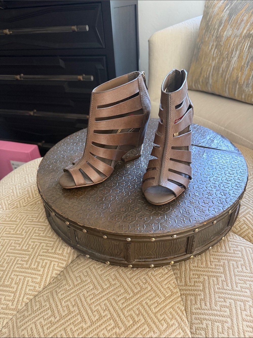 BCBGeneration Tan Brown Strappy Cutout Peep-Toe Heels
